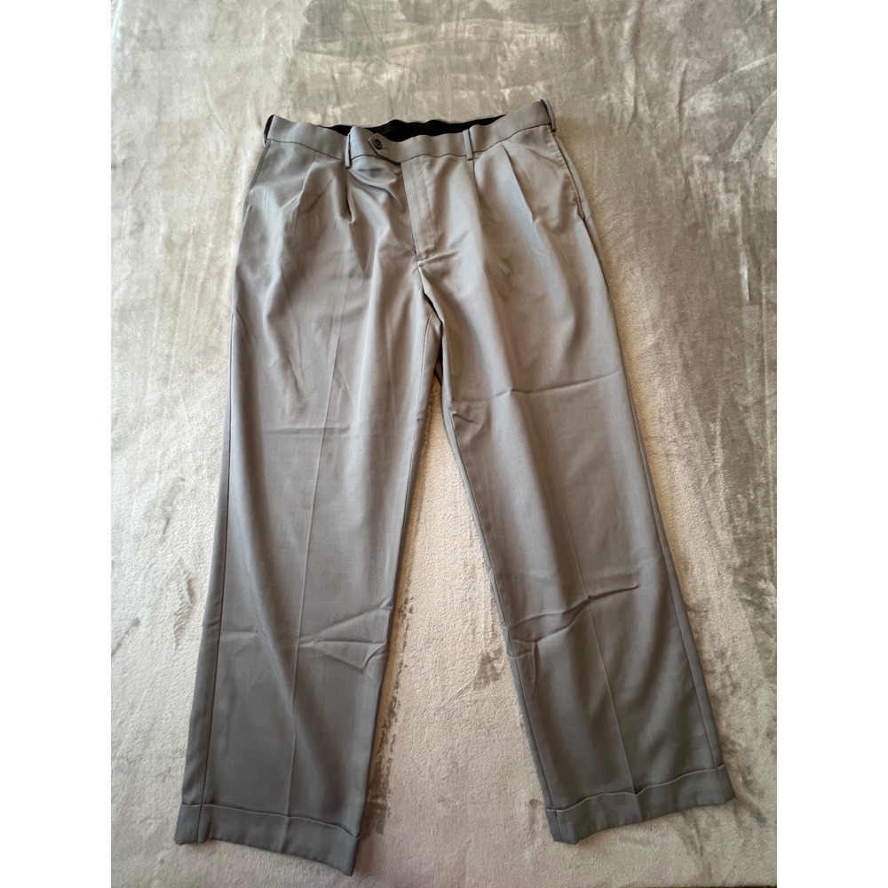 Savane Dress Pants Mens 40x29 Gray Pleated Cuffed Polyester